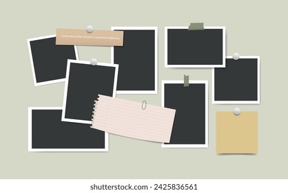 Blank photo frames collage on green wall. Photography empty, paper sheet glued on board. Moodboard template mockup design.Vector illustration