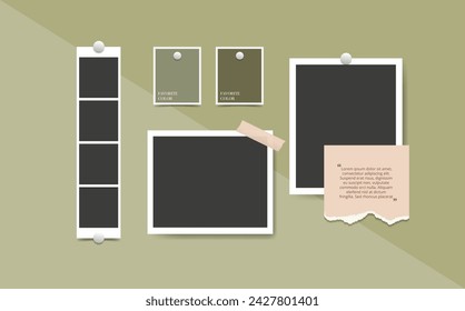 Blank photo frames collage on green wall. Moodboard template mockup design. Photograph snapshot, paper sheet glued on board. Vector illustration