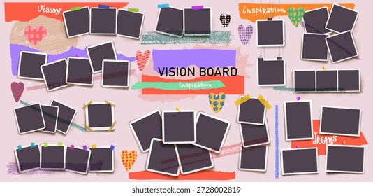 Blank photo frames collage on wall. Empty photography print, paper sheets glued on board. Moodboard vector template mockup design for presentation, inspiration board, branding, poster, creative layout