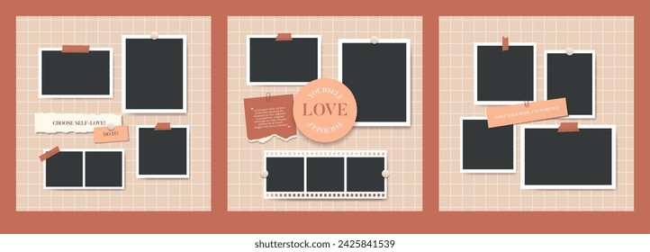 Blank photo frames collage set. Mood board template Self care. Paper sheets with motivation quotes glued on board. Vector illustration