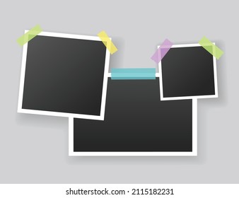 Blank photo frames hanging on adhesive tape. Vintage mockups template for memory album or scrapbook. Retro pictures with white boarders and shadows