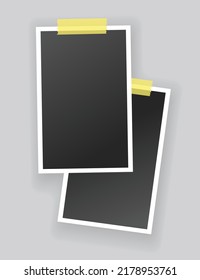 Blank photo frames hanging on adhesive tape. Vintage mockups template for memory album or scrapbook. Retro pictures with white boarders and shadows