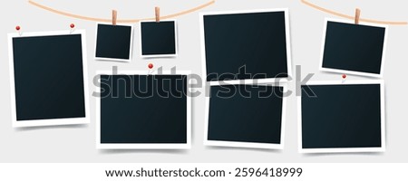 Blank photo frames hanging on a rope and pinned with thumbtacks. Retro snapshots instant photos mockup mood board. Vector photography template for scrapbook or creative projects