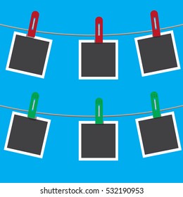 Blank photo frames on a clothesline. Vector illustration.