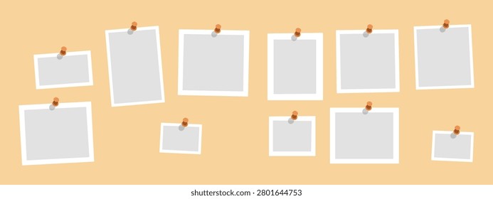 Blank photo frames with push pins on board set. Vector illustration of realistic instant photograph mockup gallery, memory vision board template, and card placeholder on orange background.