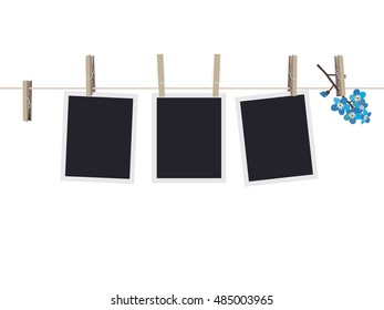Blank photo frames set hanging on clothespins. Composition of blank photo frames and forget-me-not. Modern flat design banner. Vector EPS 10