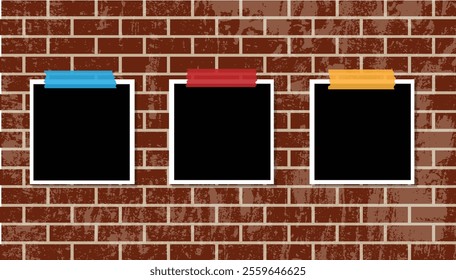 Blank Photo Frames Taped to Grunge Brick Wall. Graphic design elements and resources concept vector art