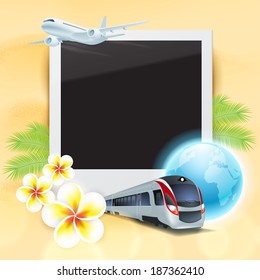 Blank photo on sand with airplane, train, globe, flowers and palm leaves. Concept travel card. EPS10 vector.