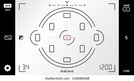 Blank photo or video camera viewfinder grid with exposure, zoom zone and options. Modern camera focusing screen with many shooting settings. Realistic template for your design vector illustration.