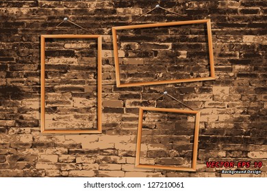 blank photo wood frame on old brick wall, vector illustration