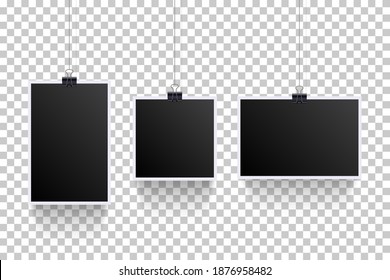 Blank photoframes hanging with pins on cords set. Realistic retro art collection vector illustration. Black photo template with white frames on threads on transparent background.