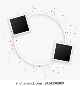 plantilla de marco de visualización de fotografía en blanco con vector de confeti colorido