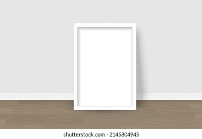Blank photor frame standing inside room. Image presentation white border. Vertical template with shadow vector illustrator.