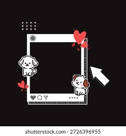 Blank photos frame template with pixel art cute dog character sticker element isolated
