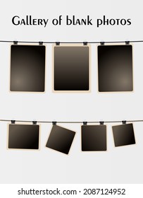 Blank Photos Hanging On A Wire Rope And Clothesline With Metallic Clip. Art Gallery Of Retro Photo Frames In Different Size, Vector Set. Card Frame Image Mockup, Design Template