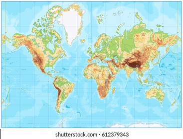 Blank Physical World Map and bathymetry. Vector illustration.