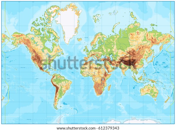 Blank Physical World Map And Bathymetry Vector Illustration Blank Physical World Map Bathymetry 600w 612379343