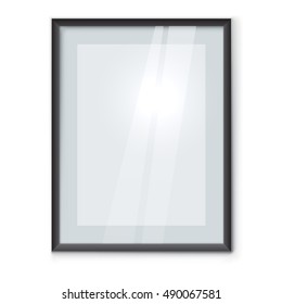 Blank picture frame with black rim hanging on the wall vector template.  Framed photo mockup with copy space.