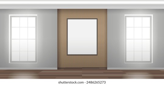 blank picture frame mock up on the wooden slats wall panel modern interior empty room two window  vector illustration