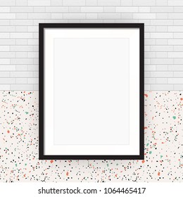Blank picture frame on white brick background and terrazzo surface, vector illustration, A4 format