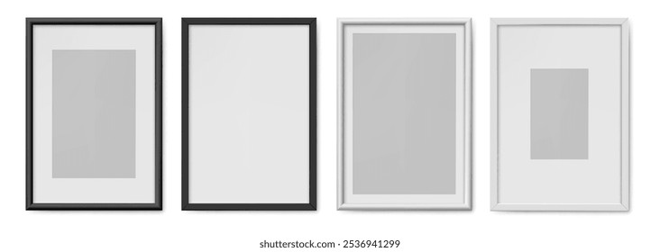 Quadro de imagem em branco, borda de desenho vertical realista. Conjunto isolado vetorial de modelo ou maquete de imagens simples em formato a4. Quadrados de fotografias ou fotografias para design de interiores e acessórios