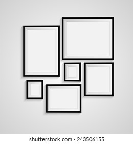 Blank picture frame template set isolated on wall. Vector