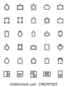 Conjunto de iconos de línea de marcos de imagen en blanco. colección de símbolos de estilo lineal, paquete de signos de contorno. Gráficos vectoriales de marcos de borde. El conjunto incluye iconos como galería de arte, forma cuadrada, colgante, decoración vintage