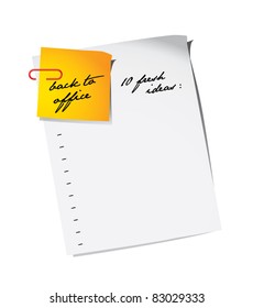 Blank piece of paper with memo note and new business plan, back to office concept, vector illustration
