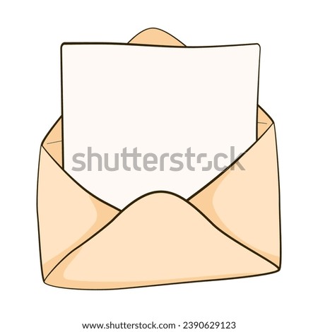 A blank piece of paper and an open envelope. Cartoon