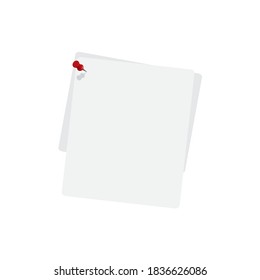 Blank piece of paper pinned with a red pin. Blank template for leaving a message. Vector illustration.