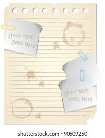 Blank piece of paper with stick notes and coffee stains, education concept, vector illustration