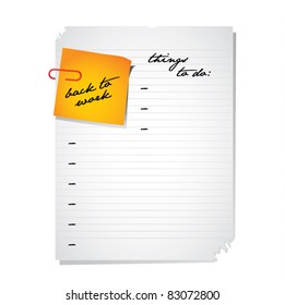Blank piece of paper with stripes and attached memo note, back to work and things to do strategy concept, vector illustration