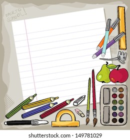 blank piece of ruled paper with different school tools around colorful education background 