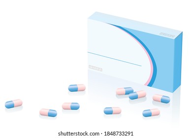 Blank Pillenmodell. Unbeschriftete Arzneimittelpackung mit zerstreuten Kapseln. Einzige Vektorgrafik auf weißem Hintergrund.
