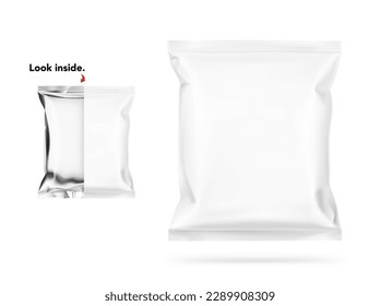 Blank pillow bag mockup with an additional view for the product. Vector illustration isolated on white background. The mock-up will make the presentation look as realistic as possible. EPS10.