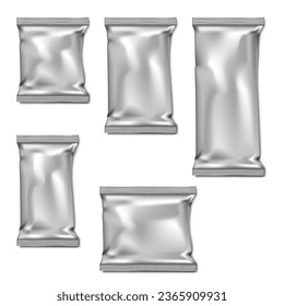 Blank pillow bag vector mock-up set. Foil, paper or plastic pouch package realistic mockup kit