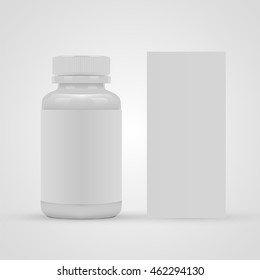 Blank pills container with blank label and blank package box on white background. Vector illustration