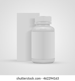 Blank pills container with blank label and blank package box on white background. Vector illustration