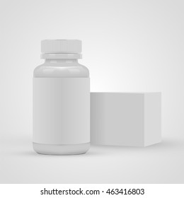 Blank pills container with blank label and package box isolated on white background. Vector illustration