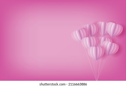 Blank Pink Balloons Hearts Love Abstract 3D Paper Art Style Background.