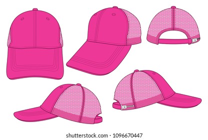 Blank Pink Baseball Cap With Mesh At Side And Back Panels, Slider Plastic Buckle Zip Closure Strap Template on White Background, Vector File.