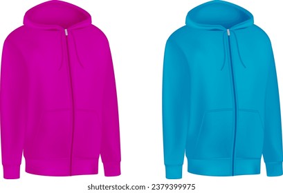 Blank pink, blue unisex hoodie sweatshirt long sleeve. Male hoody with hood front view. Vector template sport winter clothes for design mockup, print, isolated on white background