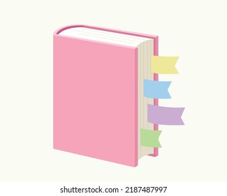 Blank pink book with different color of bookmarks isolated. Template or mockup book for message, presentation, business content. Book icon. Flat vector illustration.