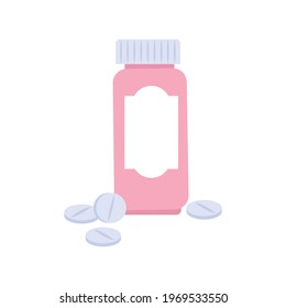 Blank pink bottle with white pills flat vector illustration