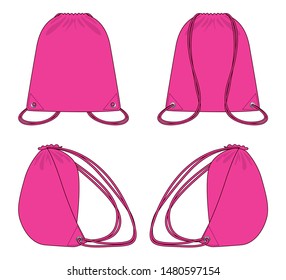 Blank Pink Drawstring Shoulder Bag Template Vector On White Background.Front Back and Side View.