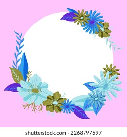 Blank pink Frame Decorated With Colorful Flowers And Foliage Arranged Harmoniously. Empty Poster Border Surrounded By Multicolored Bouquet Organized Pleasantly.