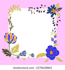 Marco Blanco Rojo Decorado Con Flores Coloridas Y Foliage Arreglado Armoniosamente. Borde Vacío De Afiches Rodeado Por Un Bouquet Multicolorizado Organizado Agradablemente.