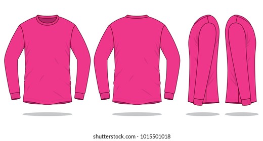 Blank Pink Long Sleeve T-Shirt Vector For Template.Front, Back And Side Views.