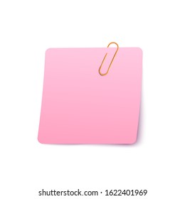 Blank pink note paper with attached paper-clip on top, realistic vector illustration isolated on white background. Office or school reminding message sheet mockup.