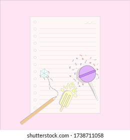 blank pink note paper with lollipop, ice cream, kite and pencil on pink background. writing concept